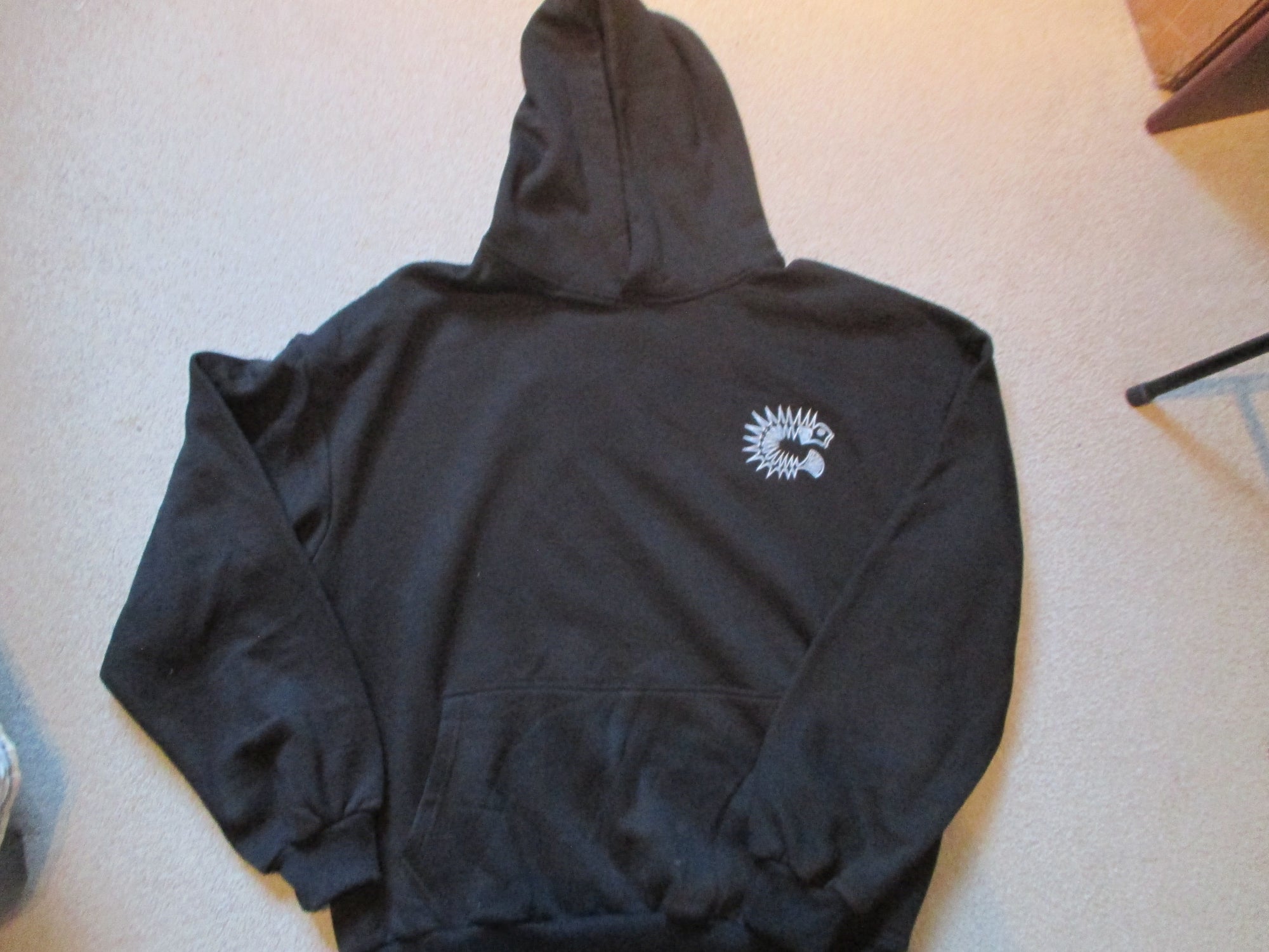 Hoodie : Dark Grey: Custom Designed Drop Shoulder Oversized Heavy Cotton Fleece Hoodie w/ White Crest Embroidery