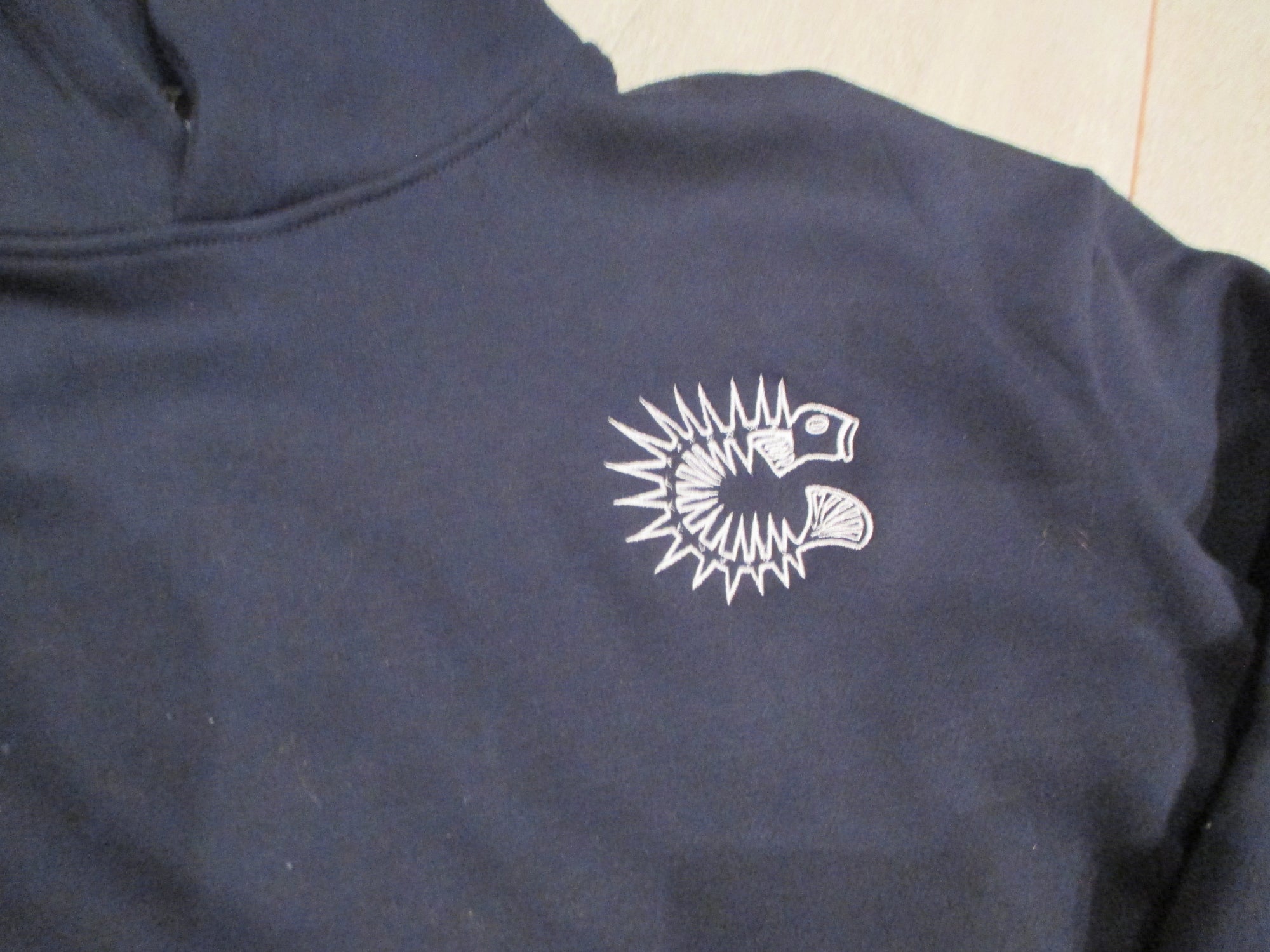 Hoodie : Dark Grey: Custom Designed Drop Shoulder Oversized Heavy Cotton Fleece Hoodie w/ White Crest Embroidery